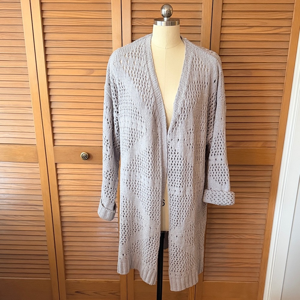 Open-Front silver/grey Crochet-Knit Long Cardigan